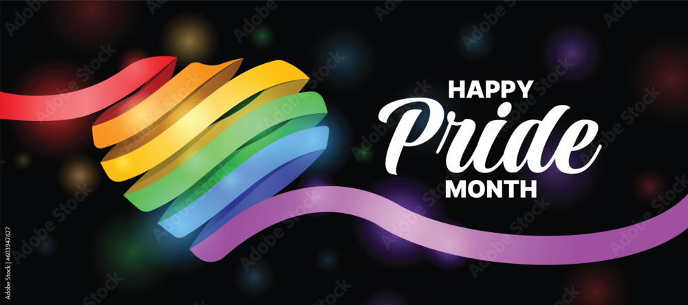 Poster happy pride month - text and colorful rainbow ribbon rolling heart shape with light on black backgro