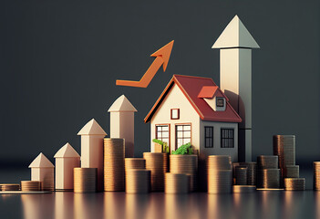 House on a pile of coins. 3d illustration. Business concept generative ai