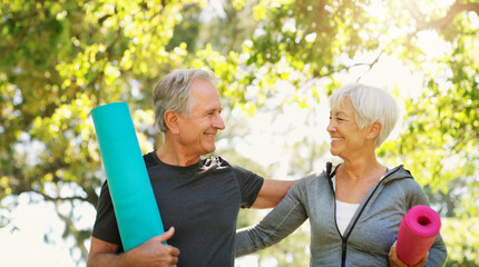 Old couple outdoor, yoga and fitness and hug in park, zen with spiritual healing and happiness....