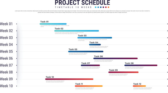 Project schedules template or Planning calendar. Business schedule timeline.