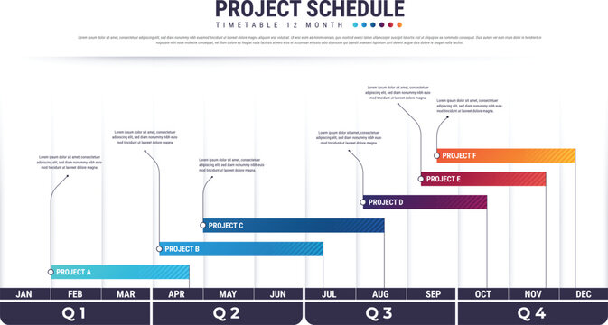 Project schedules template or Planning calendar. Business schedule timeline.