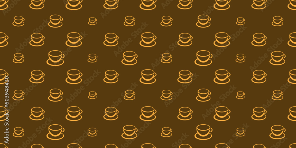 Poster many brown coffee cup or soup bowl symbols of various sizes - seamless pattern on wide scale dark ba
