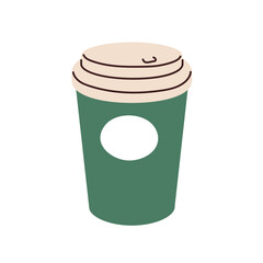 Takeaway coffee cup. Take-away paper mug covered with plastic lid, cap. Takeout cafe beverage, drink to go in disposable cardboard container. Flat vector illustration isolated on white background