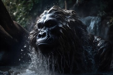 Fototapeta na wymiar wet gorilla bathing in the river with a glare, generative ai generated