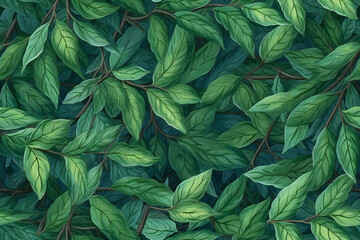 Naklejka na ściany i meble Seamless pattern with green leaves, Hand-drawn illustration, Generative AI