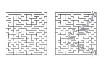 Labyrinth maze game vector illustration with solution. Find right way, simple logic game. Puzzle for kids.	