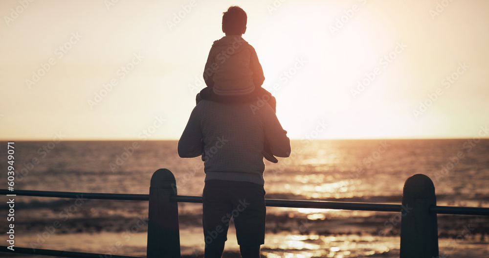 Poster Father, child and back in sunset by the ocean for family bonding, playing or fun holiday or weekend in nature. Dad carrying kid on piggyback by beach coast enjoying sunrise or travel together outdoor