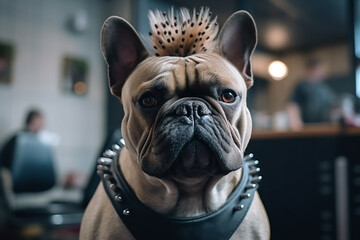Bulldog sits in a chair, waiting for a haircut in a barbershop, generative al