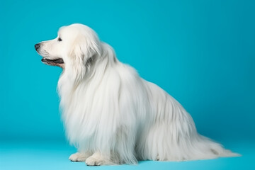 White retriever isolated on blue background, generative al