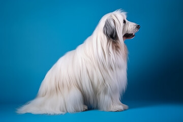 White dog isolated on blue background, generative AL