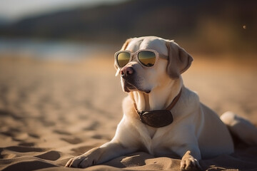 Fototapeta na wymiar Golden retriever sits on the sandy beach of the sea in sunglasses. Generative AL