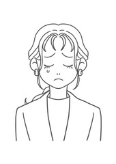 ノーカラージャケットの泣く女性（線画）
