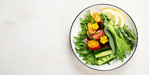 Spring vegetable salad. Tasty healthy food. top view