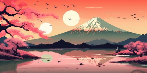 AI Generated. AI Generative. Retro Vintage gravure illustration of Japan Mountain in sakura colors. Adventure vibe. Graphic Art