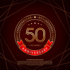 50th anniversary logo with golden laurel wreath and double line numbers, logo design for anniversary celebration event, double line style vector design