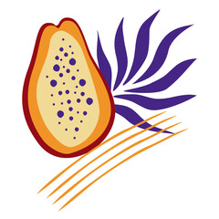 Papaya and tropical leaves. Composition with tropical fruits, leaves and abstract spots. Design for textiles, labels, posters. Vector hand draw illustration isolated on white background.