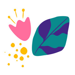 Abstract flower with leaf. Doodle blooming plants flat simple composition. Concept and composition for postcards, posters, background, print, banners. Vector hand draw illustration 