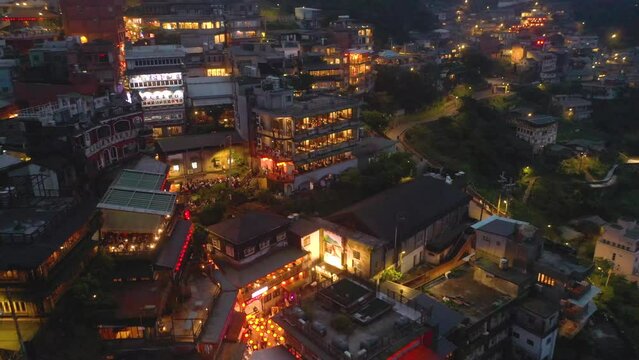 TAIWAN, JIUFEN - MAY, 2023: Aerial drone of old town Jiufen, famous landmark tourist village on the mountain in Taiwan.