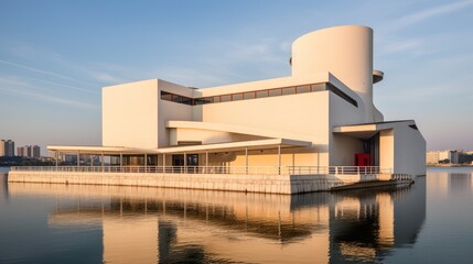 Under the sunlight, an art museum blossoms. Its organic architecture, a harmony of glass and concrete, radiates warm tones, highlighting its unique charm. Generative AI
