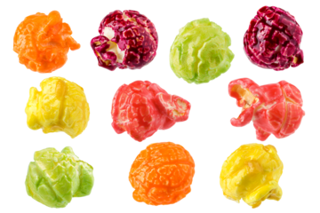 Colored fruity popcorn isolated on white background, clipping path, full depth of field