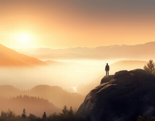 a person standing on top of a mountain viewing clouds and the sunrise, in the style of swiss style, photo-realistic landscapes