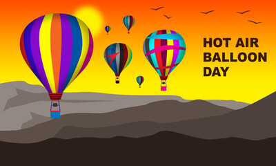 several hot air balloons with colorful colors are in the air with a sunrise background and bold text commemorating Hot Air Balloon Day on June 5