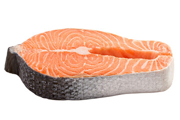 salmon, trout, steak, slice of fresh raw fish, isolated on white background, full depth of field