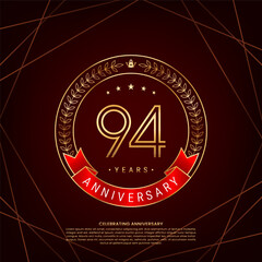 94th anniversary logo with golden laurel wreath and double line numbers, logo design for anniversary celebration event, double line style vector design