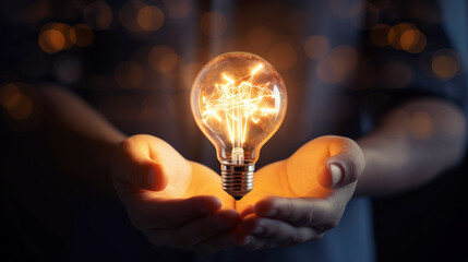 Illuminating Innovation: Levitating Bulb Held by Hands with Sparkling Light, generative ai