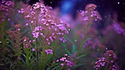Fototapeta na wymiar Purple flowers in the meadow at night with starry sky, Generative AI