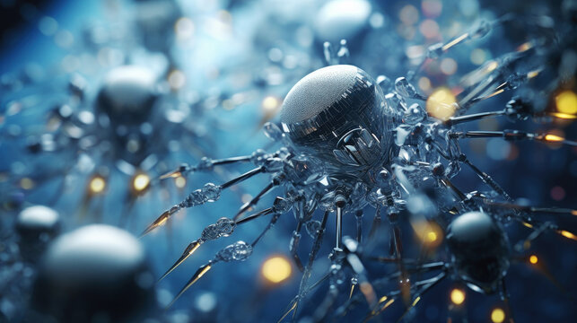 Medical concept in the field of nanotechnology. Genetic engineering and the use of microscopic nanorobots to repair or replace part of the DNA molecule, generative ai