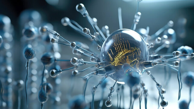 Medical concept in the field of nanotechnology. Genetic engineering and the use of microscopic nanorobots to repair or replace part of the DNA molecule, 
