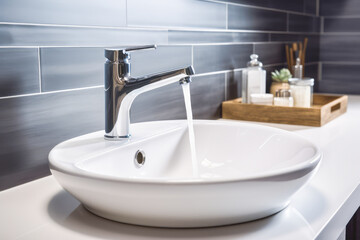 Flow water in modern bathroom with sink. Generative AI. 