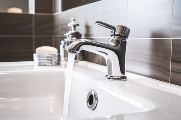 Flow water in modern bathroom with sink. Generative AI. 