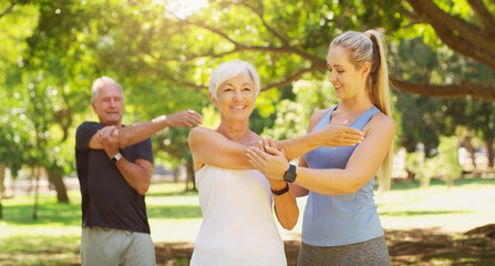 Yoga, exercise and an old couple with their personal trainer in a park for a health or active lifestyle. Fitness, wellness or zen and senior people outdoor for a workout with their pilates coach