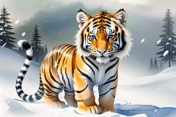 Cute Siberian tiger on snow in the winter time. Animal illustration digital painting, generative ai.