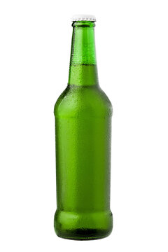 Glass bottle, cold beer, isolated on white background