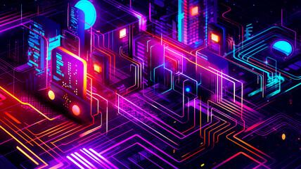 tech city neon illustracio, abstract background with lights AI Generated