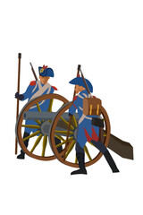 Two soldiers from historical wars in Europe or America shooting a cannon hand drawn illustration cartoon style