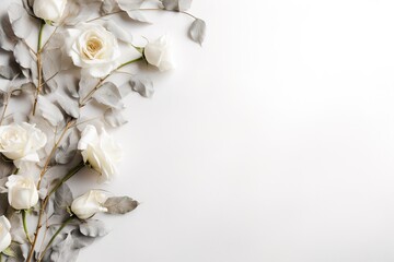 Obraz na płótnie Canvas White marble background, dry white flowers. Empty space, top view.