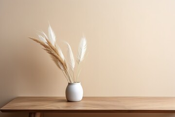 Modern, geometric shaped vase with pampas grass on wooden table. Artistic interior still life. Home staging, minimal decor concept. Empty beige wall background
