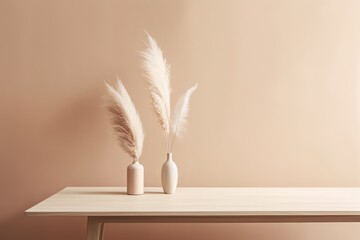 Modern organic, geometric shaped vase with pampas grass on wooden table. Elegant still life interior. Home staging, minimal decor concept. Blank beige wall