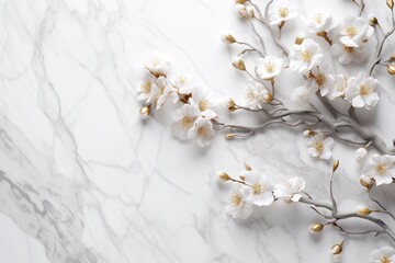 Wedding background, white and gold flowers, white marble background. Empty space. Top view.