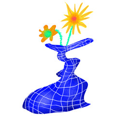 orange and yellow abstract flower in a blue vase cute isolated illustration.