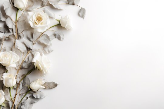 Fototapeta White marble background, dry white flowers. Empty space, top view.