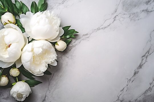 White marble background, white peonies flowers. Empty space. Top view.