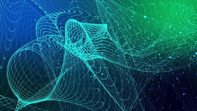 Multicolor digital particles wave for data science presentations, analytics dashboards, and fintech videos. Dynamic big data visualization loop in ultra HD 4K.