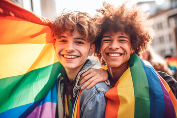 Two young boys with lgtbi flags at the gay pride demonstration - obrazy, fototapety, plakaty
