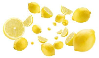 Flying delicious lemon fruits, cut out