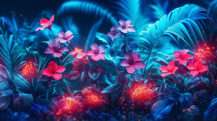 Obraz na płótnie Canvas Lush Botanical Flowers and Leaves with Muted Blue Luminescent and Glowing Color Tone - Tropical Neon - Generative AI